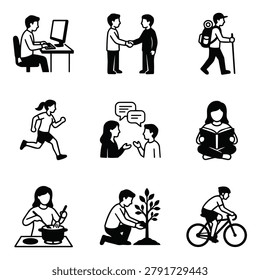 A set of nine simple black and white line drawings depicting diverse human actions and hobbies like working, greeting, hiking, running, talking, reading, cooking, planting, and cycling.