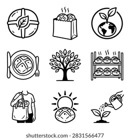 A set of nine simple black and white line drawings illustrating organic food concepts and baking.