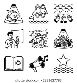 A set of nine simple black and white line art icons depicting a fish in a tank, a dolphin jumping through a hoop, an audience clapping, a person speaking at a microphone, a sea turtle swimming, coral in a tank, an open book with a fish, a megaphone with a musical note, and a star over waves.