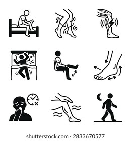 A set of nine simple black and white icons illustrating various leg pain and discomfort symptoms and related conditions