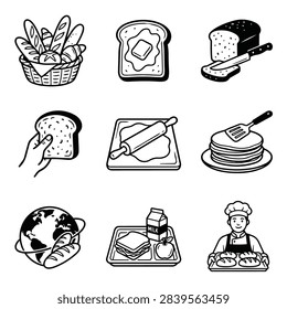 A set of nine simple black and white line art icons depicting various bread items and baking tools.