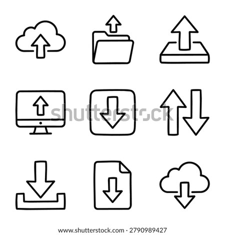 A set of nine simple black and white line art icons representing upload and download actions for digital data transfer.