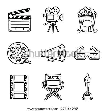 A set of nine simple black and white line art icons representing elements of movie making and cinema.