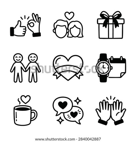 A set of nine simple black and white icons depicting various aspects of love, relationships, and positive emotions.
