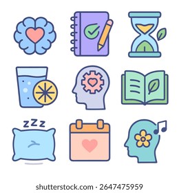 Set of nine simple, colorful icons representing wellness and productivity.  Includes brain, notebook, hourglass, drink, head with gear, book, pillow, calenda...