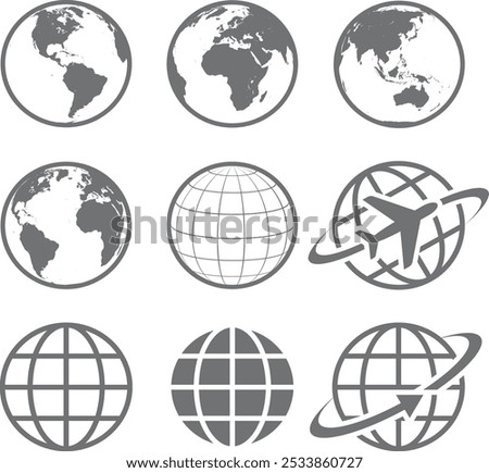 Set of Nine Simple Earth Globe Icons - Minimalist Vector Illustrations of Global Maps, Travel Symbols, and Geographical Designs for Stock Photography, Environmental Projects, and International Themes