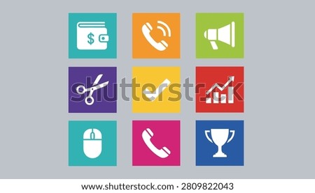Set of nine simple flat corporate icons in colorful squares including wallet phone megaphone scissors and chart.