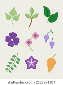 Set of nine simple flat vector illustrations of various flowers and leaves perfect for adding a touch of natural beauty to your designs.  Great for creating patterns, illustrations, or backgrounds.