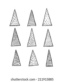 Set of nine simple hand drawn doodle fir trees. Triangles with simple textures. Vector festive decoration elements.