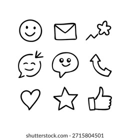 Un conjunto de nueve iconos simples dibujados a mano que representan varios aspectos de la comunicación y las redes sociales. Los íconos incluyen un sobre para correo electrónico, un sobre estilizado con una 'x' para un mensaje cerrado, un corazón para gustos o amor, una estrella para favoritos, dos caras sonrientes para expresiones o reacciones, una burbuja de discurso con puntos para conversar, un ícono de Descarga y un cursor para seleccionar o navegar. Estos Elementos se presentan en un estilo limpio, minimalista en blanco y negro, adecuado para interfaces digitales, presentaciones o proyectos de diseño.