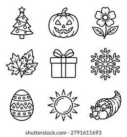 A set of nine simple line art icons representing different holidays and seasons, including Christmas, Halloween, Easter, and more.