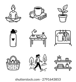 A set of nine simple line art icons depicting various aspects of daily life and well-being.