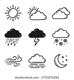 A set of nine simple line art icons representing various weather conditions and celestial bodies
