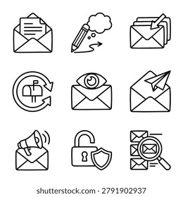 A set of nine simple line art icons representing various aspects of email and digital communication.