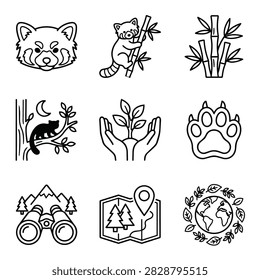 A set of nine simple line art icons depicting nature and animals including a red panda and bamboo