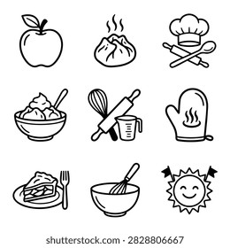 A set of nine simple line art icons representing various baking and cooking elements and food items.