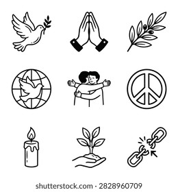 A set of nine simple line art icons depicting symbols of peace hope and unity including a dove a peace sign and praying hands.