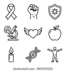 A set of nine simple line art icons representing medical health and science concepts including a ribbon, fist, shield, microscope, heart, apple, candle, DNA, and person.