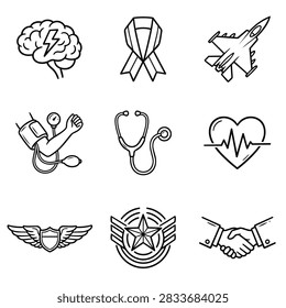 A set of nine simple line art icons representing medical and military themes, including a brain, ribbon, jet, blood pressure cuff, stethoscope, heart monitor, wings, star emblem, and handshake.