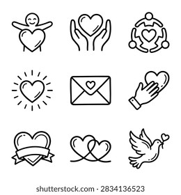 A set of nine simple line art icons representing love, care, and relationships, including hearts, hands, and a dove.