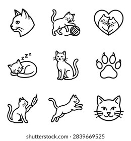 A set of nine simple line art icons depicting various cat poses and activities, including sleeping, playing, and portraits.