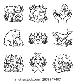 A set of nine simple line art illustrations depicting various animals and nature symbols in a clean, minimalist style.