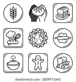 A set of nine simple line art icons representing baking bread and food preparation concepts.
