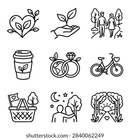 A set of nine simple line art icons depicting themes of love nature and lifestyle choices