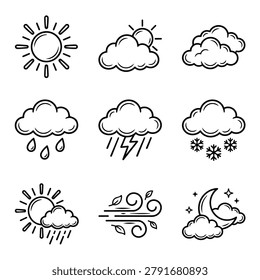A set of nine simple line drawing icons representing various weather conditions and celestial bodies.