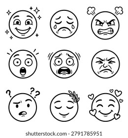 A set of nine simple line drawings of cartoon faces, each depicting a distinct emotion like happiness, sadness, anger, surprise, fear, and confusion.