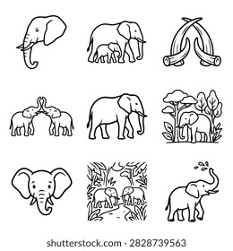 A set of nine simple line drawings depicting elephants in different scenarios, including family groups and solitary animals.