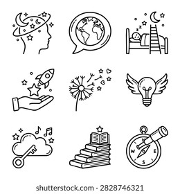 A set of nine simple line drawings illustrating concepts like dreams, ideas, travel, and learning.
