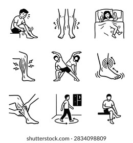 A set of nine simple line drawings illustrating various leg and foot ailments and remedies.