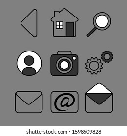 set of nine simple monochrome web icons: navigation, user profile, settings, messages