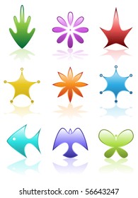 Set of nine simple nature icons with reflections