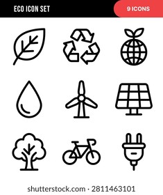 A set of nine simple outline icons representing eco-friendly concepts, including a leaf, recycle symbol, globe with sprout, water drop, wind turbine, solar panel, tree, bicycle, and electric plug.