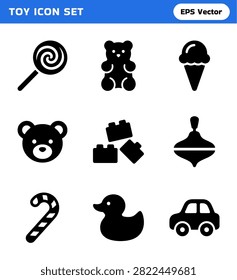 A set of nine simple, solid black icons representing various children's toys and sweets, arranged in a three-by-three grid on a white background.