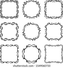 Set of nine simple stylish decorative frames on a white background.