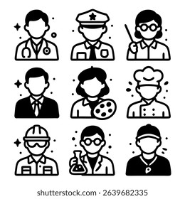 A set of nine simple, stylish, and iconic illustrations depicting various professional occupations. Each icon is a solid silhouette, perfect for web design, infographics, or any project