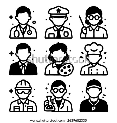 A set of nine simple, stylish, and iconic illustrations depicting various professional occupations. Each icon is a solid silhouette, perfect for web design, infographics, or any project