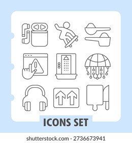 Set of nine simple thin line icons depicting music, technology, browsing, sports, bathtime, traffic and connectivity concepts. Ideal for web design, presentations and print on white background
