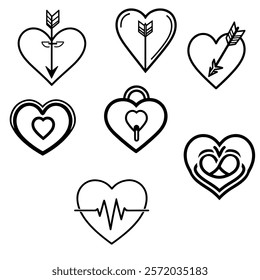 A set of nine simple vector line drawings depicting various heart-related symbols, including a heart with arrows, a lock, a key, and a heartbeat.