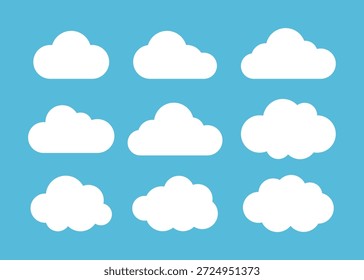 Conjunto de nueve simples íconos de nube blanca en varias Formas esponjosas sobre un fondo azul brillante. Ilustración vectorial plana minimalista perfecta para App de Clima, Diseño web y fondos de libros para niños.