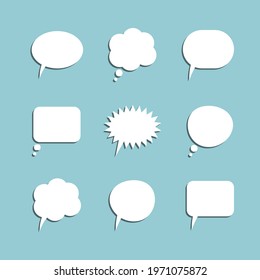 Set of nine simple white speech and think bubbles with shadows, empty and isolated on blue background