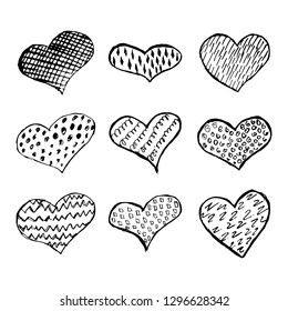 Set of nine Sketch Scribble Hearts. Hand drawn Pencil Scribble Hearts. Vector illustration