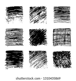 Set of nine Sketch Scribble Smear Squares. Hand drawn Pencil Scribble. Vector illustration