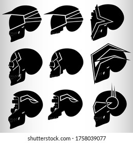 A set of nine skulls in the style of cyberpunk. Set for emblems or tattoos, cyborg skull. Nine emblems in the style of cyberpunk, skulls with implants. Vector illustration.