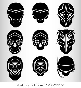 A set of nine skulls in the style of cyberpunk. Set for emblems or tattoos, cyborg skull. Nine emblems in the style of cyberpunk, skulls with implants. Vector illustration.