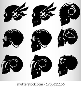 A set of nine skulls in the style of cyberpunk. Set for emblems or tattoos, cyborg skull. Nine emblems in the style of cyberpunk, skulls with implants. Vector illustration.