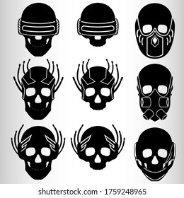 A set of nine skulls in the style of cyberpunk. Set for emblems or tattoos, cyborg skull. Nine emblems in the style of cyberpunk, skulls with implants. Vector illustration.